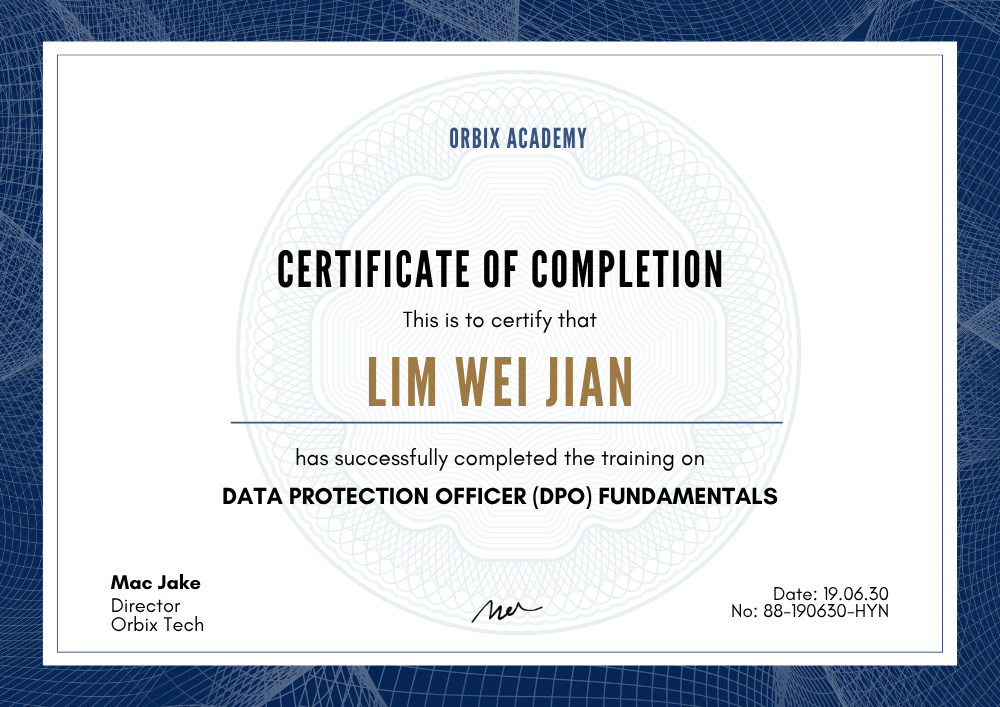 OrbixTech Certificate of Completion for PDPA DPO Training Malaysia